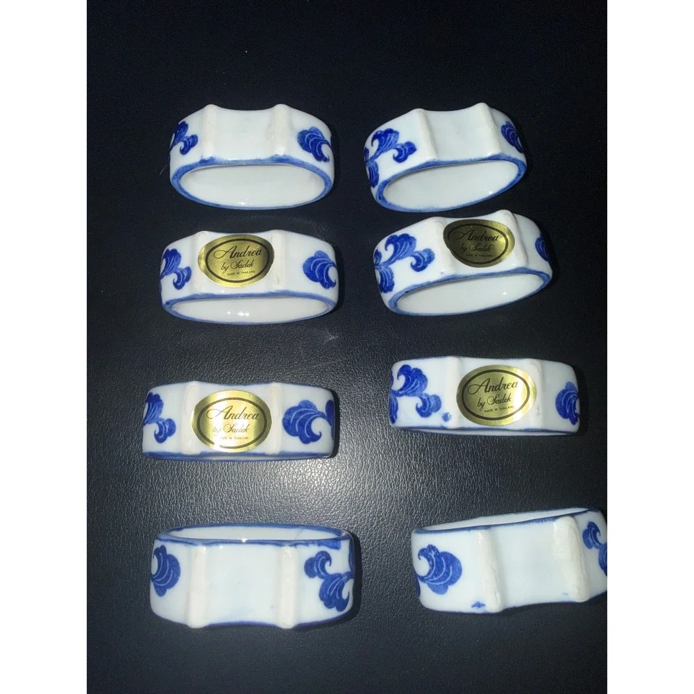 Andrea by Sadek Blue and White Porcelain Napkin Ring Set of 8 Floral Chinoiserie